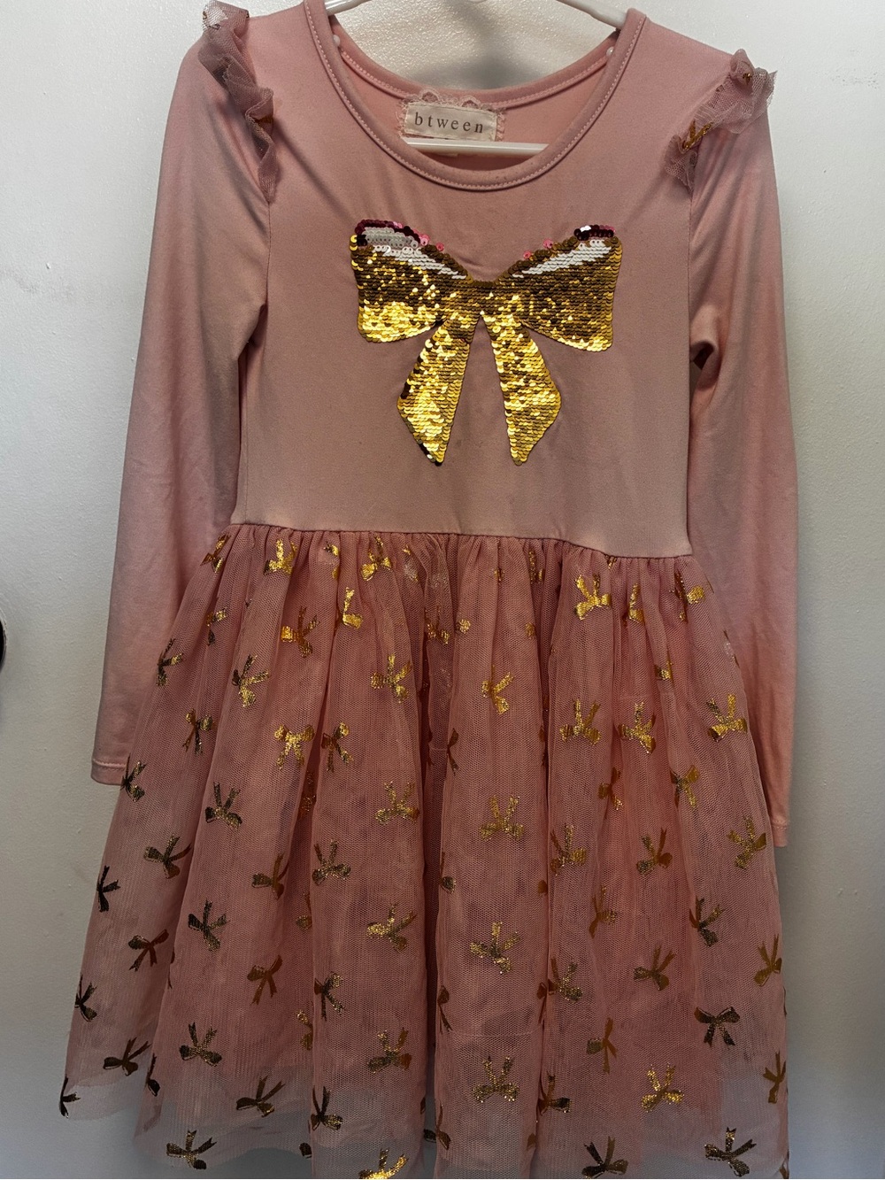 btween Pink Long-Sleeve Dress with Tulle Skirt, Gold Sequin Bow, Girls’ Size 5